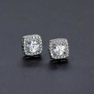 Women's Silver Square Simulated Dainty Diamond Halo Sparkling Stud Earring